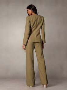 SHEIN Glamour Conjunto de dos piezas para mujer: chaqueta de cuello redondo, manga larga, de un solo botonadura y pantalones; traje casual de negocios; conjunto de dos piezas casual de negocios para mujer; traje de oficina para mujer; traje profesional para mujer - Marrón - Ver 2