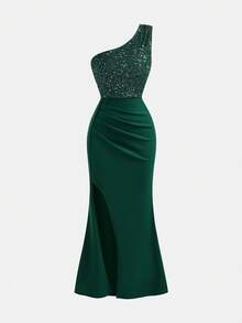 Pitira Elegant Glamorous Olive Green Sequin Spaghetti Strap Dress, Suitable For Weddings, Parties, Vacations, Galas, Formal Events - Dark Green - View 2