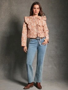 WESTFADE Round Neck Bow Tie Front Contrast Trim Ruffle Shoulder Long Sleeve Boxy Fit Paisley Floral Print Puffer Jacket Fall, Autumn, Winter, Casual, Boho - Brown - View 5