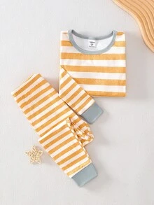 男童休闲条纹长袖上衣和打底裤睡衣套装（2件套） - 黃色 - 查看 1