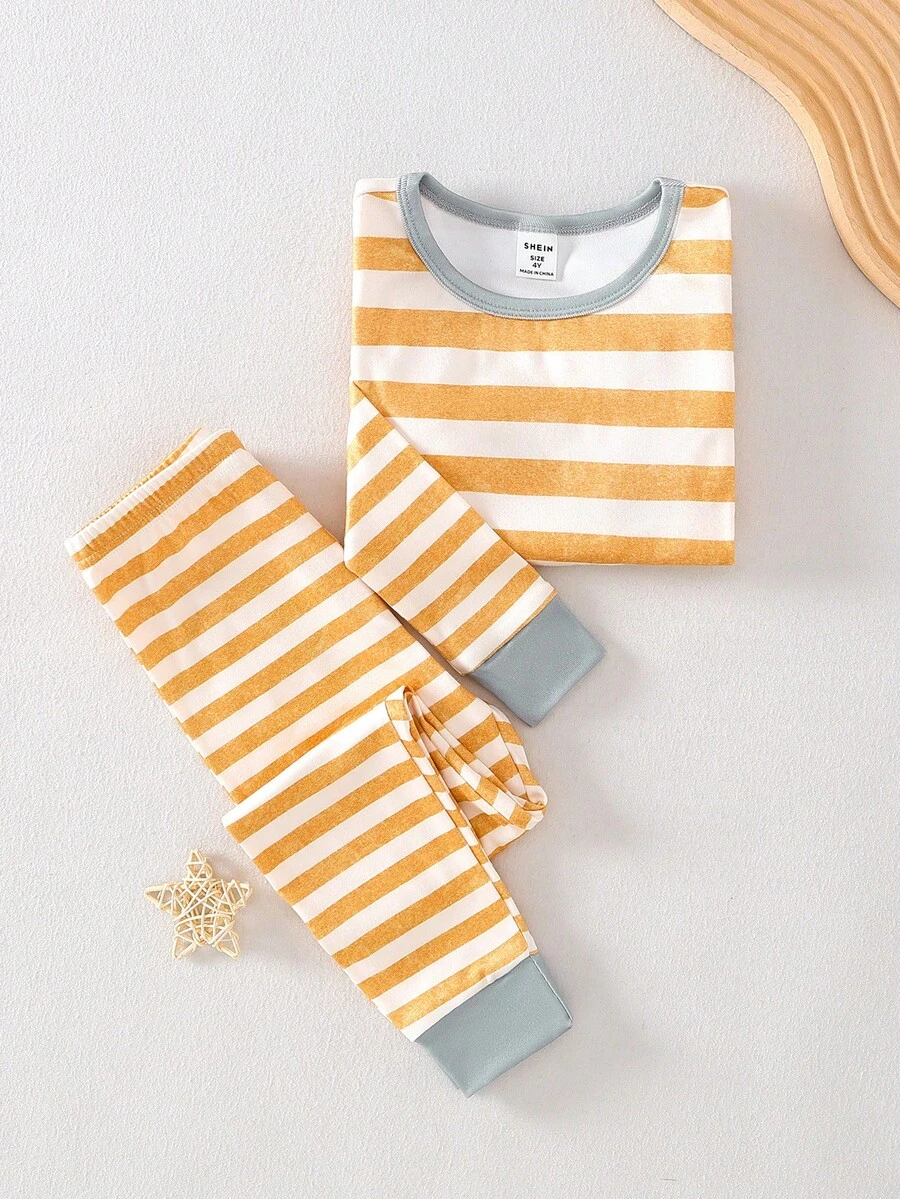男童休闲条纹长袖上衣和打底裤睡衣套装（2件套） - 黃色 - 查看 1