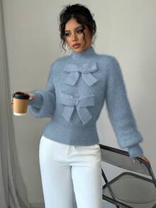 Elenzga 女士优雅纯色立领毛衣，饰有蝴蝶结，秋冬款 - 藍色 - 查看 4