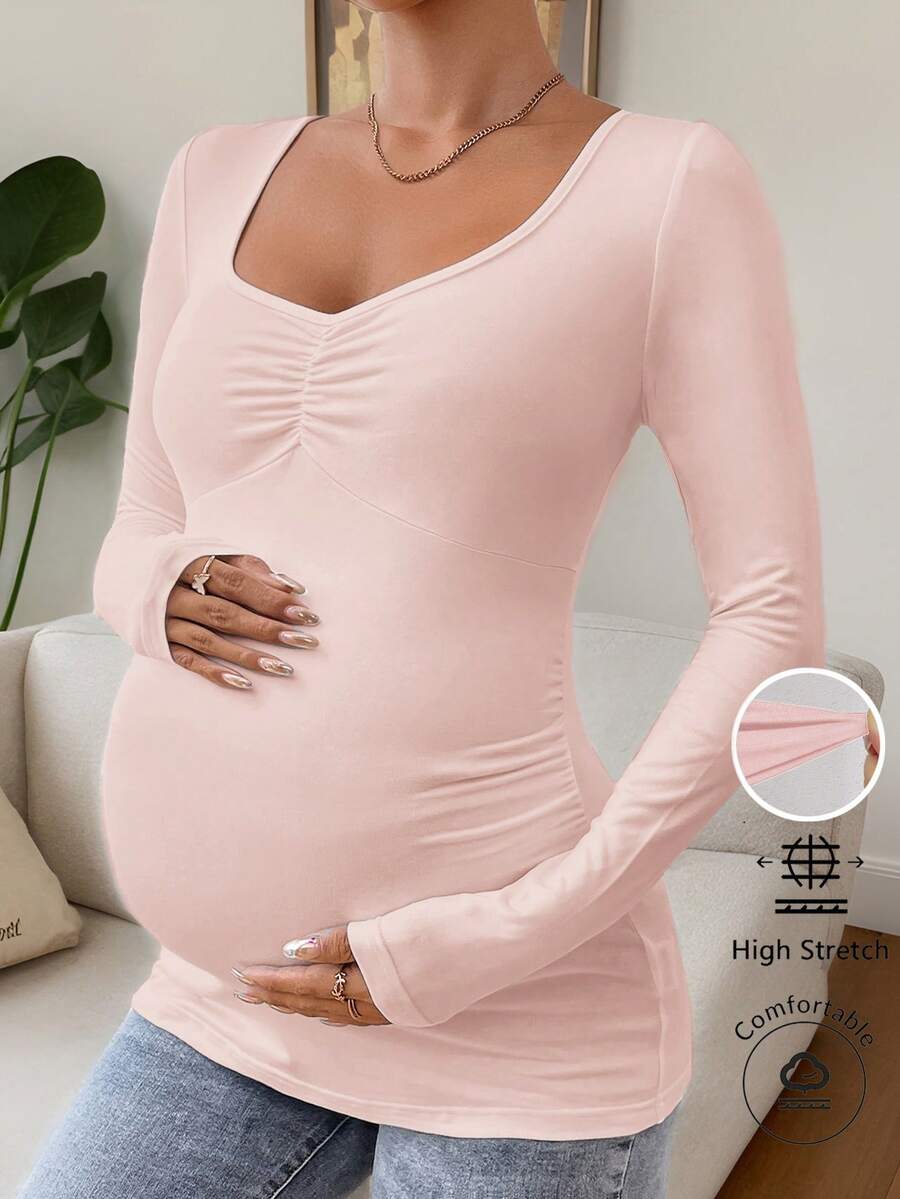 SHEIN 孕婦嬰兒粉色抓皺甜心領長袖修身T恤,休閒秋季孕婦哺乳上衣 - 粉色 - 查看 1