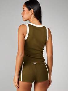 MISSGUIDED Áo tank top gân cho nữ, không tay, phối viền tương phản, thích hợp mặc nhiều lớp trong ngày. - Màu xanh lá cây đậm - Xem 2