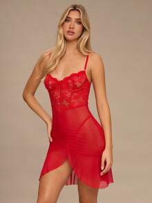 Enchnt 2 件套女士性感蕾丝对比网眼内衣套装，带钢圈文胸和丁字裤 - 紅色 - 查看 7