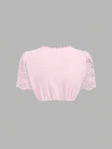 Fairmaia 德国传统女士撞色蕾丝短袖心形领衬衫 - 粉色 - 查看 2