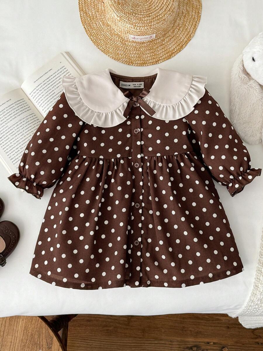 Blossori Vestido de manga larga con cuello de contraste de lunares elegante francés para niñas bebé