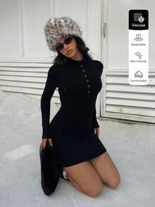 SHEIN Unity Vestido de manga larga con cuello en V y decoración de botón de metal, adecuado para otoño/invierno - Negro - Ver 3