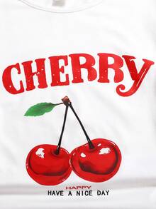 SHEIN Tween Girl Casual Comfy Round Neck Pullover Cropped Long Sleeve T-Shirt & Bell Bottom Pants Set, Cherry Fruit Print - Multicolor - View 6