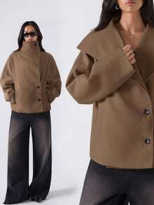 LYSMO 女式纯色高领前扣口袋休闲长袖常规夹克 - 咖啡棕 - 查看 1