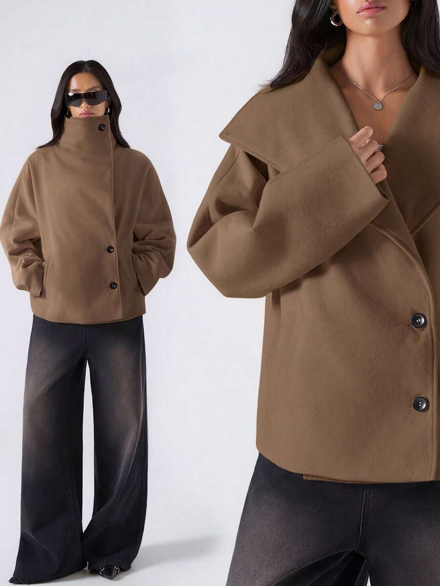 LYSMO 女式纯色高领前扣口袋休闲长袖常规夹克 - 咖啡棕 - 查看 1