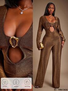 Radiana Plus Size Women's Elegant & Sexy High Stretch Metallic Shiny Fabric Asymmetrical Metal Buckle Deep V-Neck Jumpsuit, Autumn/Winter