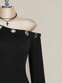 SHEIN ICON Vestido de manga larga de punto con decoración de ojetes metálicos en el hombro oblicuo, vestido de punto de moda retro Y2K de otoño de talla grande