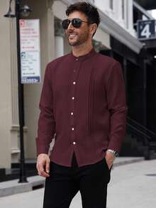 Manfinity Homme 男士纯色长袖单排扣褶裥休闲衬衫 - 酒紅色 - 查看 6