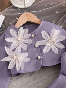 SHEIN فستان قصير بدون أكمام مع جاكيت قصير مزين بأزرار 3D على شكل زهرة، أنيق وأنثوي وجذاب للفتيات الصغيرات - ارجواني فاتح - مشاهدة 5