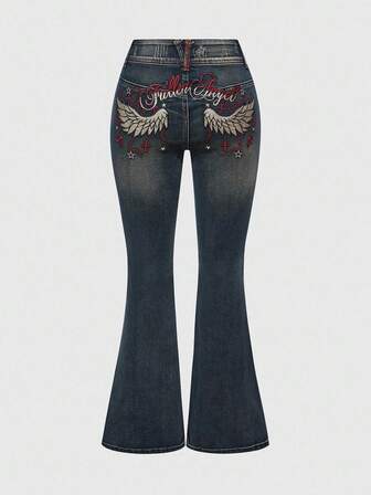 J-Fashion Y2K Wing & Cross Embroidered Vintage-Style Low Rise Plus Size Jeans