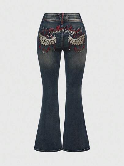 J-Fashion Y2K Wing & Cross Embroidered Vintage-Style Low Rise Plus Size Jeans