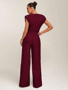 Silquee Women's Casual Solid Color Loose Pocket Pants Wide Leg Pants Palazzo Pants Pleated Pants Loose Pants,Fall,Cozy Fall And Winter Clothes For Women - Burgundy - View 3