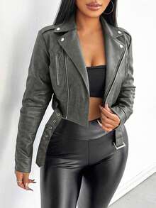 VaVaBold 女士复古领拉链腰带皮革短夹克