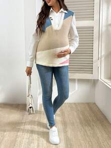 SHEIN Women Loose Fit Colorblock Deep V-Neck Faux Button Casual Maternity Sweater Vest - Multicolor - View 5