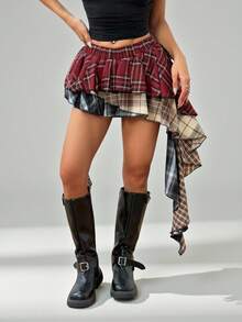 SHEIN PETITE 不对称格子拼布百褶裙，节日气氛，圣诞节和新年红色格子拼布 - 彩色 - 查看 6