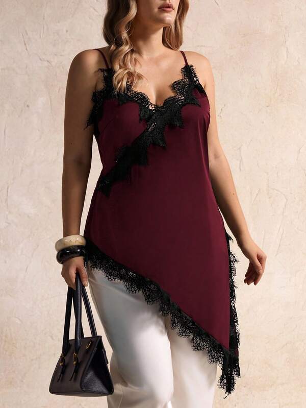 Elegantrix Camiseta sin mangas de talla grande para mujer, de estilo urbano casual, con cuello en V, parches y bajo asimétrico de encaje en unicolor