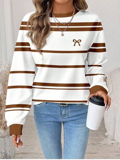 SHEIN LUNE Casual Minimalist Khaki Striped Print Pattern Crew Neck Loose Fit Plus Size Women Sweatshirt, White Sweatshirt Women Long Sleeve Tops Striped Long Sleeve/Winter