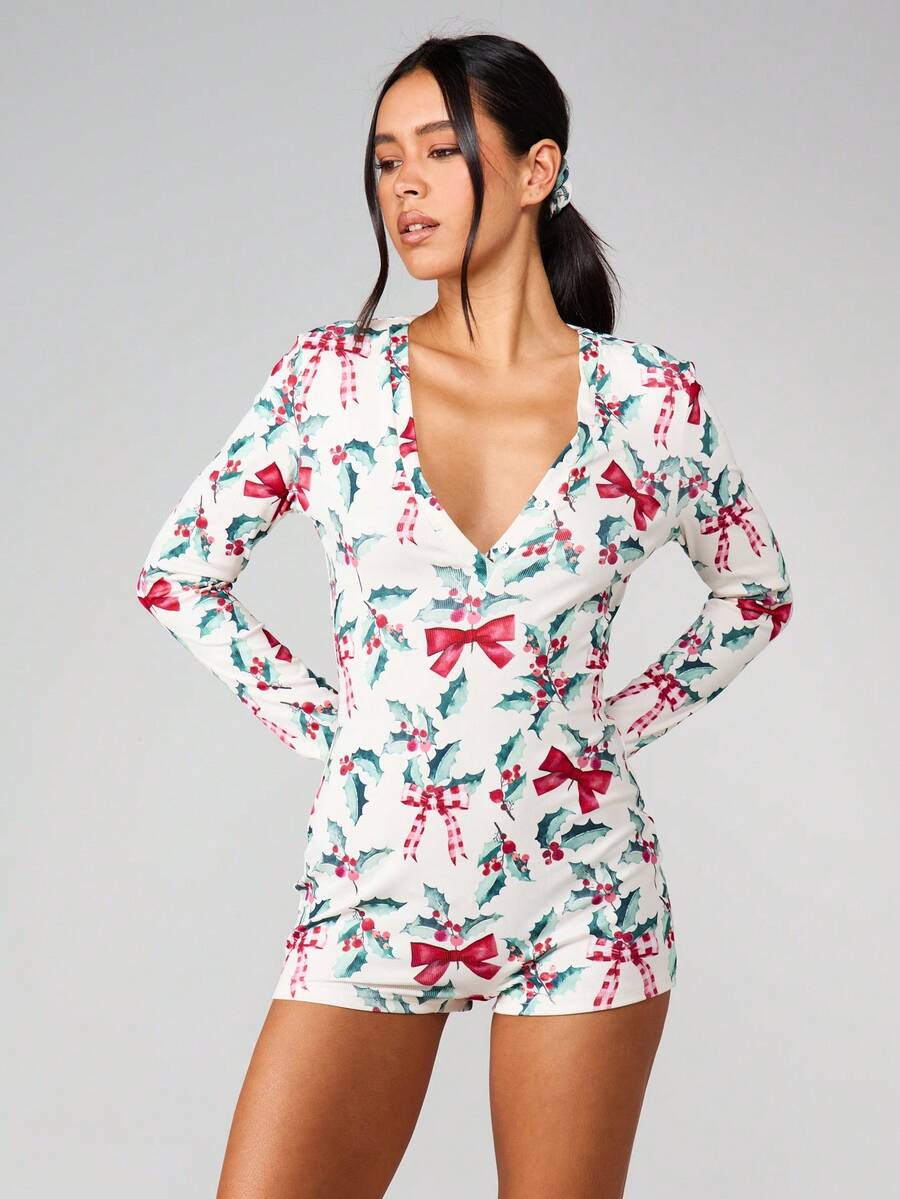 MISSGUIDED 圣诞假日冬青浆果蝴蝶结印花长袖深V领连体裤，节日圣诞派对连体衣 - 彩色 - 查看 1