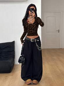 Coolane 女士秋冬/春季街头风性感外出狂欢休闲西部风Y2K基础款时尚豹纹图案弹力舒适棕色修身长袖V领T恤 - 棕色 - 查看 2