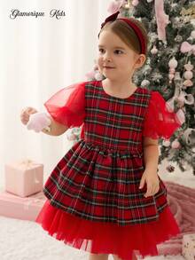Glamorique Kids 圣诞儿童连衣裙 - 女孩红色格子薄纱派对连衣裙，配有可爱的蝴蝶结和泡泡袖，甜美的节日装 - 紅色 - 查看 5