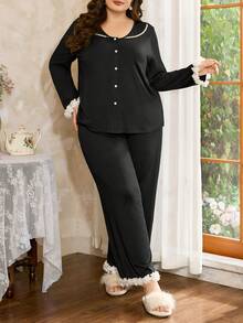Côtesoire Plus Size Elegant Mature French Style Lace Pajama Set Woman Night Wear Two Pieces Sleepwear Set, Winter Clothes - Black - View 5