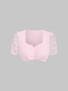 Fairmaia 德国传统女士撞色蕾丝短袖心形领衬衫 - 粉色 - 查看 1