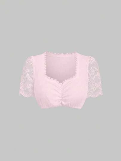 Fairmaia Tysk traditionell damblus med kortärmad, kontrasterande spets och hjärtformad halsringning