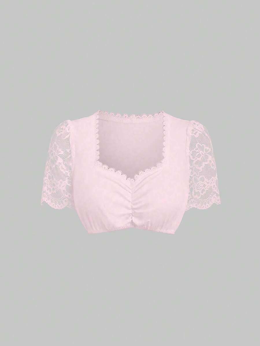 Fairmaia 德国传统女士撞色蕾丝短袖心形领衬衫 - 粉色 - 查看 1