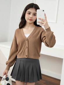 SHEIN Tween Girl Casual V-Neck Button Down Cardigan, Minimalist Style, Suitable For Autumn/Winter
