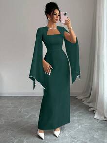 Elenzga Váy suông thẳng cổ vuông thanh lịch dành cho nữ, thắt eo, đính chuỗi ngọc trai ở cổ tay áo, thích hợp cho đám cưới, tiệc tùng, lễ hội âm nhạc - Màu xanh lá cây đậm - Xem 4