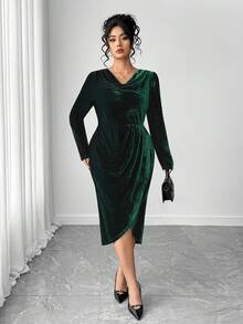 Cravure Vestido plus size elegante para festa, gola redonda, fenda, lantejoulas, estampa de leopardo, patchwork, assimétrico - Multicolorido - Ver 5