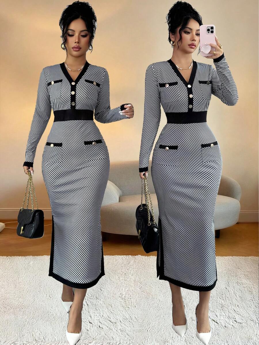 Elenzga 优雅针织秋季连衣裙，适合女性通勤 - 黑與白 - 查看 1