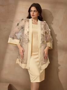 Chikora Bộ đồ 2 món cỡ lớn cho nữ, áo cardigan thêu màu trắng thanh lịch và chân váy maxi 2 mảnh, phù hợp mặc thường ngày, đi làm và đi chơi - Màu be - Xem 4