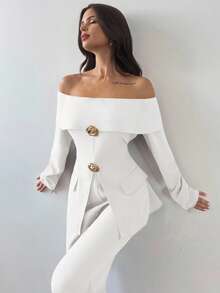 Firerie Bộ 2 món áo dài tay trễ vai thanh lịch và quần dài cho nữ khi đi làm - trắng - Xem 6