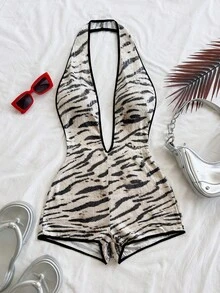 Soleia Women's Vacation Zebra Print Sequin Fabric Deep V Neck Backless Sexy Fitted Romper, Party Jumpsuit, Suitable For Cruise, Holiday, Date, Afternoon Tea, Nightclub, Beach, Island Vacation, Road Trip, Music Festival, Boho Vacation, Can Be Worn Inside Or Outside, All Season Beach Clothes Zebra Print Clothes Summer Swimsuit Swimsuits Casual Zebra Print Bathing Suit - Black and White - View 6