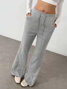 Flirla Casual Solid Color Drawstring Waist Flared Fleece Sweatpants, Autumn/Winter - Grey - View 5