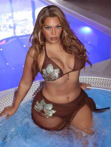 Swim SXY Bộ đồ bơi 3 món cỡ lớn mới cho nữ, áo hai dây trơn màu và in họa tiết, quần tam giác ôm sát và chân váy ngắn ôm sát, giúp thon gọn và nâng cơ, trang phục thường ngày khi đi nghỉ - Cà phê nâu - Xem 1