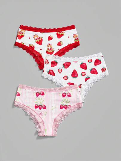 Kawaii 3pcs Women's Strawberry Print Lace Trim Comfortable Briefs