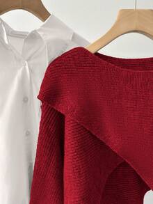 Lyxana Women's Dark Red Autumn Casual Lounge Knit Two Pieces Set,Unique Niche Cross Long Sleeve Knit Sweater Top&Striped Wide-Leg Pants,Loose Design Sense - Multicolor - View 5