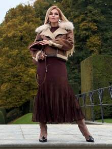 女式休闲宽松拉链机车夹克，带毛领，适合秋冬季日常穿着 - 棕色 - 查看 2