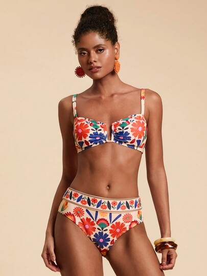Travachic Conjunto de biquíni feminino de verão com estampa floral e franzido, estilo sexy.