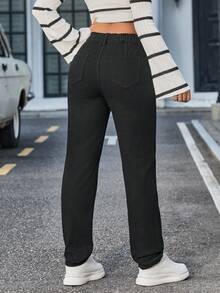 SHEIN Tall 女士弹力腰休闲锥形百搭牛仔裤 - 黑色 - 查看 2