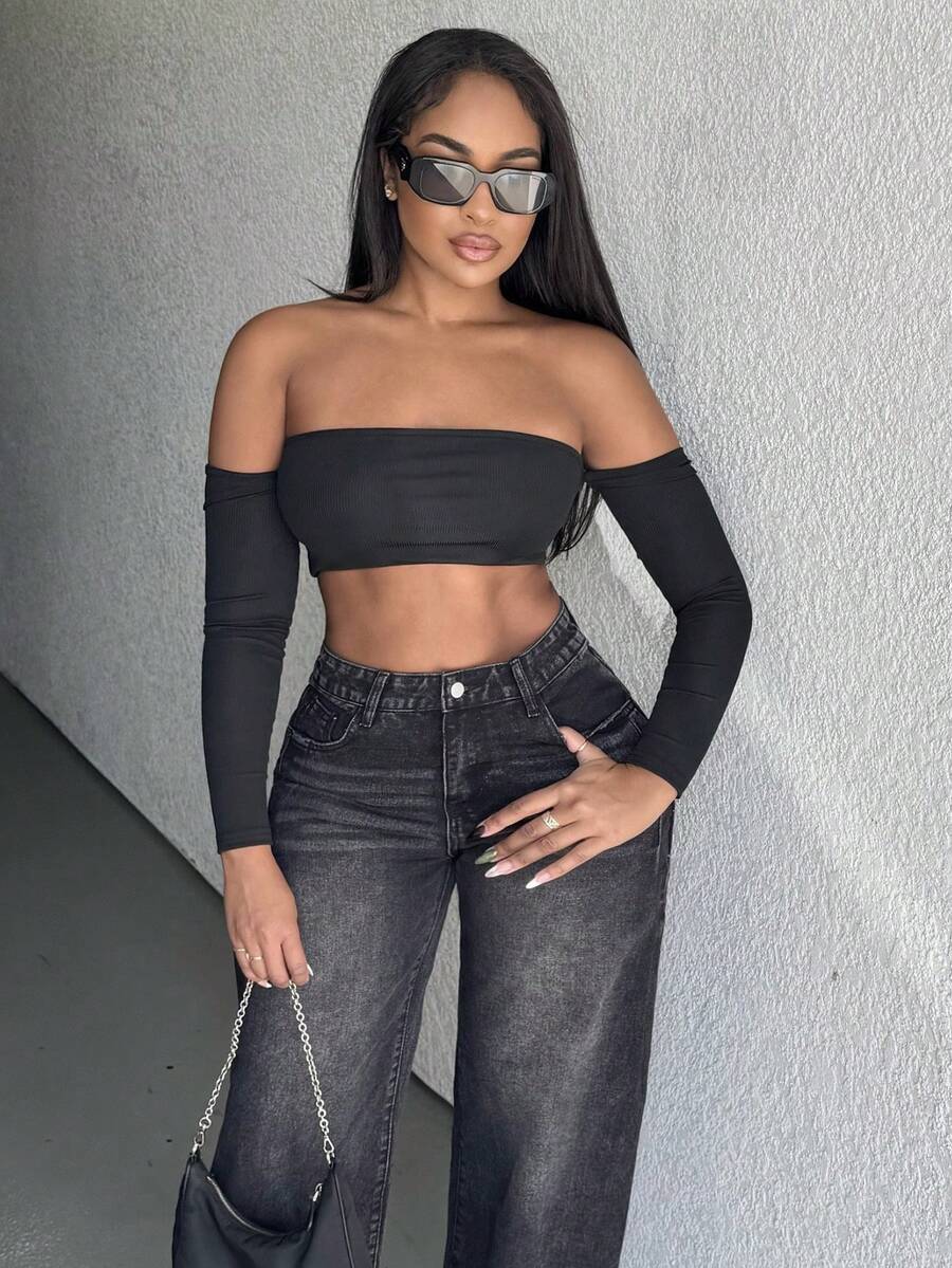 Alexandranx Solid Off Shoulder Crop Off Shoulder Top