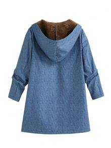 大码女式休闲拉链连帽外套，带保暖内衬，秋冬季 - 藍色 - 查看 2